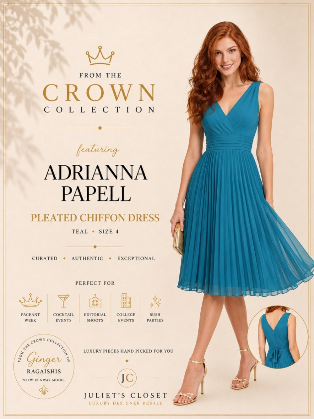 Adrianna Papell Pleated Chiffon Dress – Teal – Size 4